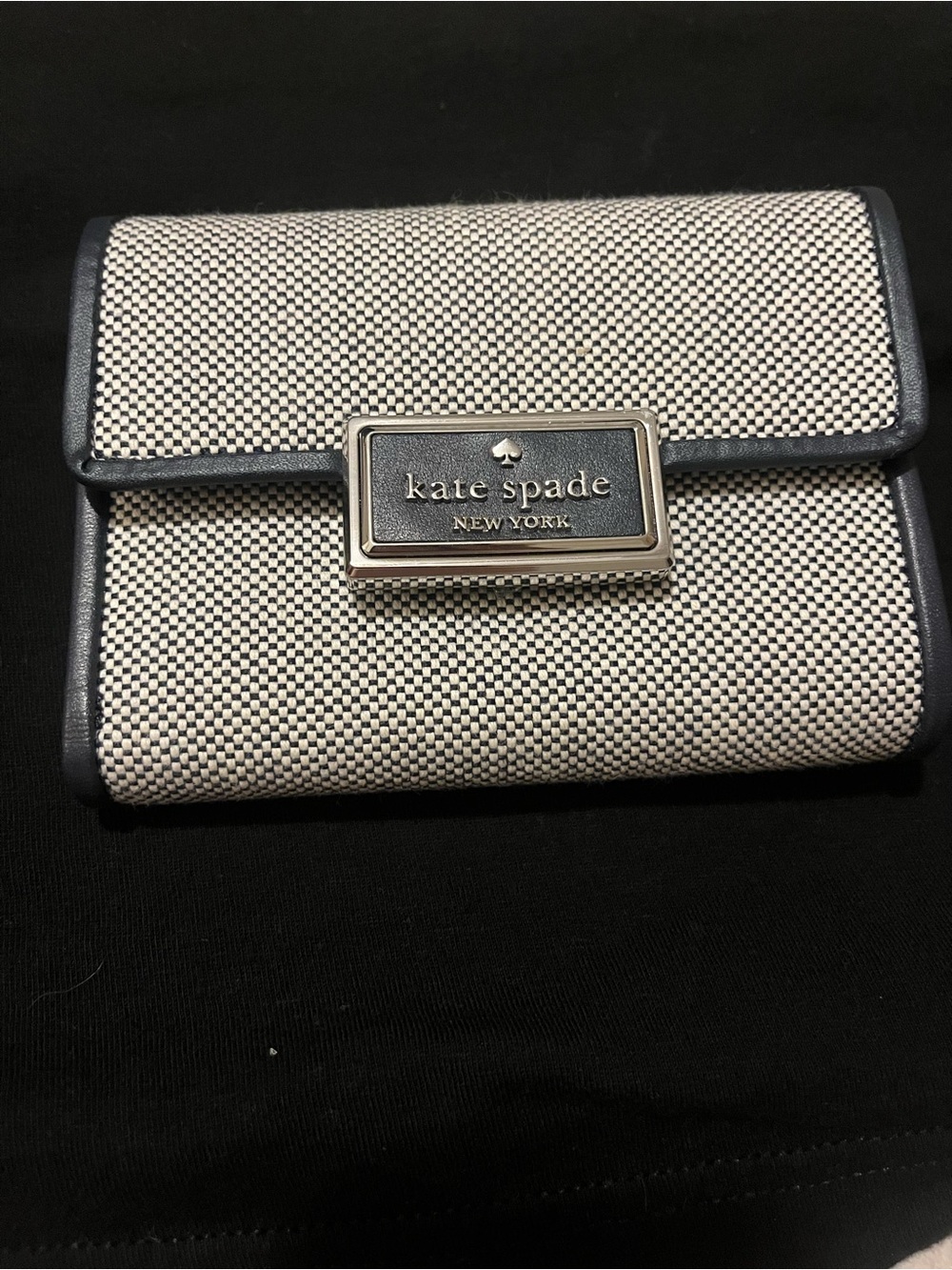 kate spade Blue and White Woven Continental Wallet with Logo Plaque